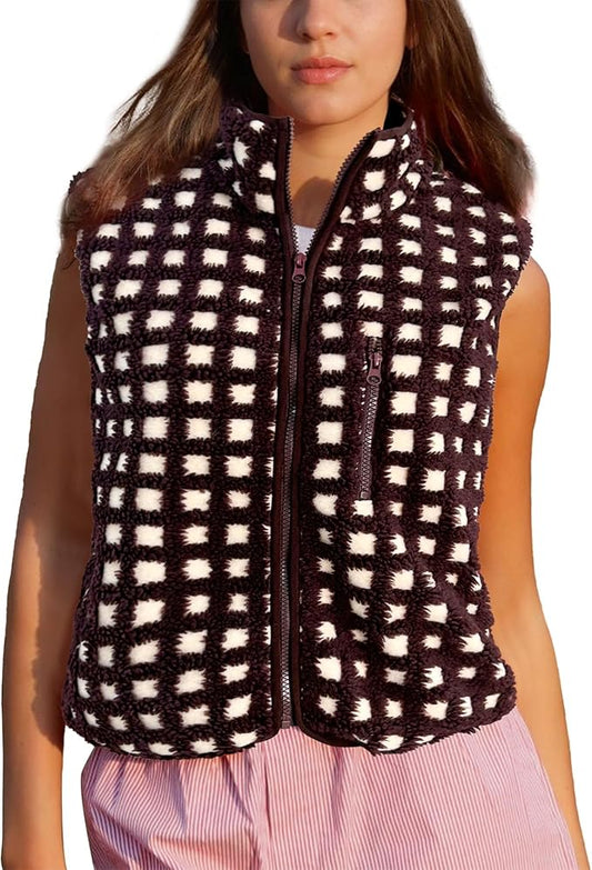 Colorful world Womens Checkered Sherpa Vest Fleece Jacket Lightweight Zip Up Sleeveless Crochet Plaid Gilet with Pocket