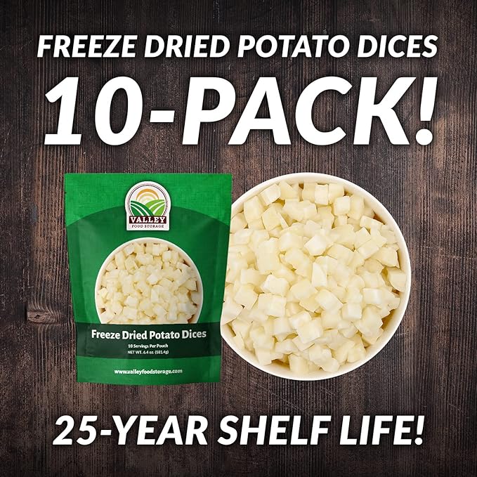 Freeze Dried Diced Potatoes 10-Bag Bucket, 64 Oz | Premium Emergency Food Supply 25 Year Shelf Life | Prepper Supplies, Survival Food, Off Grid Living Supplies | Valley Food Storage Packaged in USA