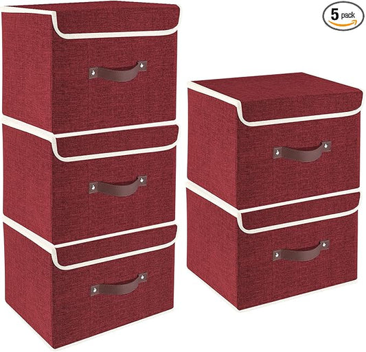 TYEERS Foldable Storage Boxes with Lids 5 Pack Fabric Storage Bins with Lids, Closet Organizers for Clothes Storage, Room Organization, Office Storage, Toys - Red Wine