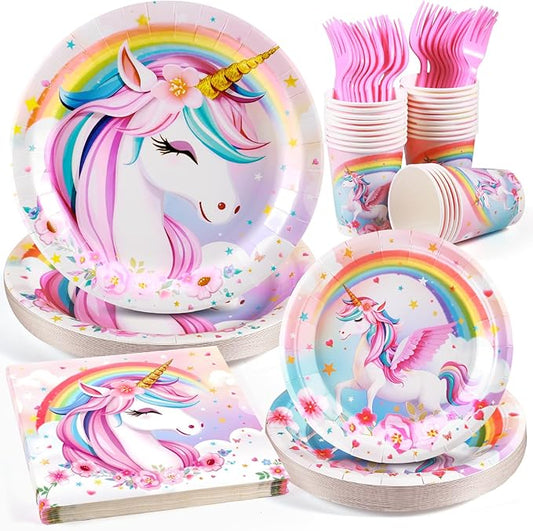 Unicorn Birthday Party Supplies Set, Disposable Tableware for 24 Guests, Includes Plates, Cups, Napkins, Cutlery – Cute Rainbow Unicorn Theme Birthday Decorations for Girls & Kids Party