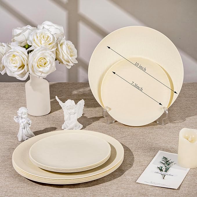 WONDERFUL 32pcs Heavy Duty Thanksgiving Plates Reusable Unbreakable & Dishwasher safe Ivory Plastic Plates Dishes Set Wedding Plate Frosted Design Includes:16 Dinner 10" and 16 Dessert Plate 7.3"
