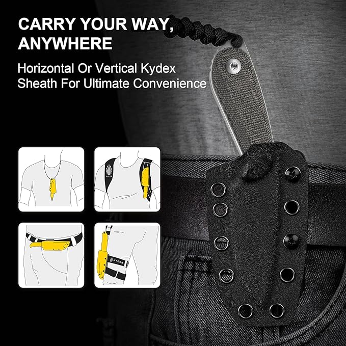 Kizer Buddy Fixed Blade Knife, 3" 14C28N Steel Camping Knife with Black Micarta Handle, Compact EDC Fixed Blade Knives with Sheath for Hiking & Camping 1081A8