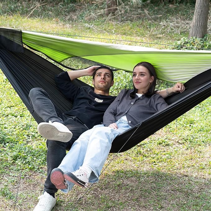 Camping Hammock with Mosquito Net and Sunshade, Backpacking Hammock with Ridge Rope Tree Straps, Lightweight Portable Hammocks for Outside, Hiking, and Travel