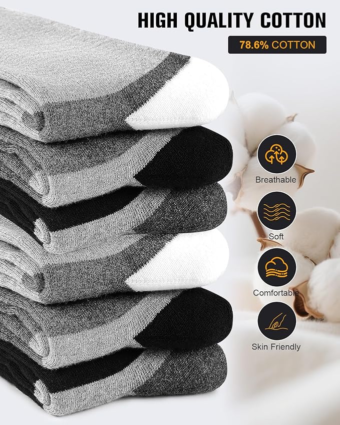 6 Pairs Men's Cotton Crew Work Boot Socks, Moisture Cushioned Athletic Sports Socks for Hiking Running Workout