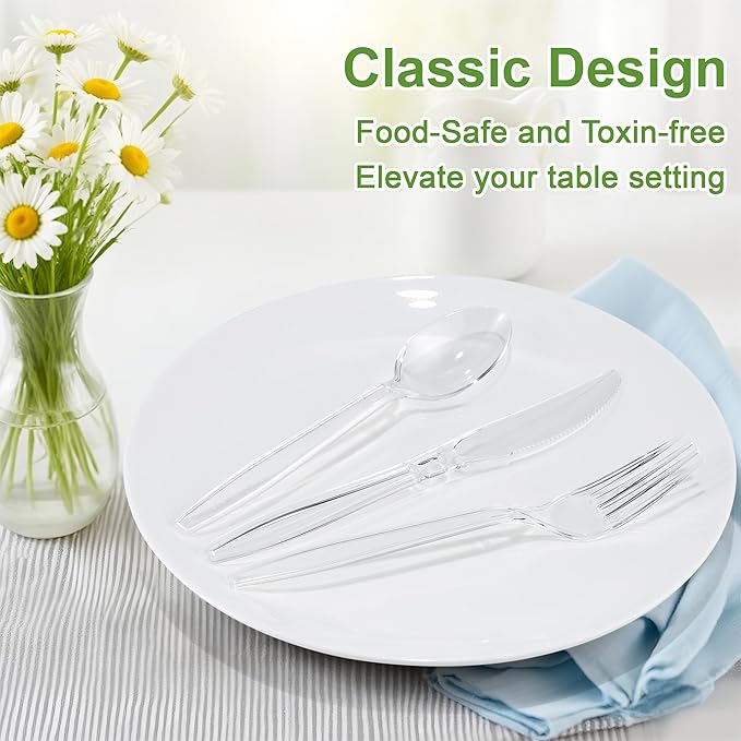 Pleafind 360 Count Plastic Silverware - 7 Inch Heavy Duty, Food Grade Plastic Utensils Set for Family Gatherings, Picnics & Everyday Use, Disposable Silverware with 120 Forks, Spoons and Knives