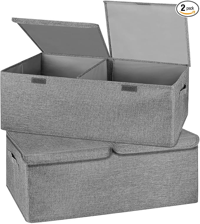 2 Pack Storage Boxes with Lids and Handles, Collapsible Linen Storage Bins Organizer Containers Baskets Cube with Removable Divider for Home Bedroom Closet Office (Grey, Small)