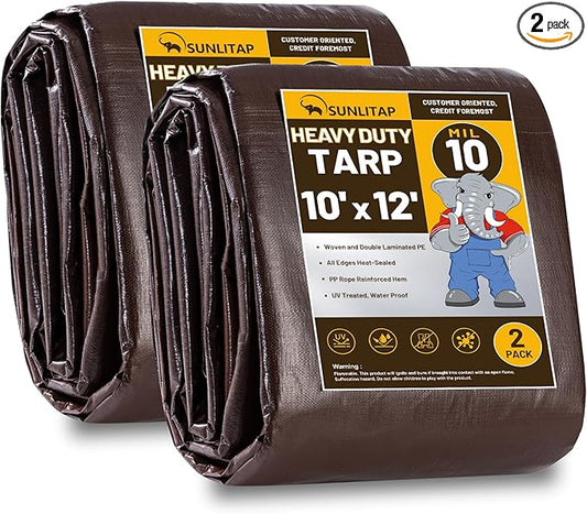 10 Mil Heavy Duty Waterproof Tarps, 10x12 Ft Finished Size Tarps, Premium Tarp with Metal Grommets & Reinforced Edge, Multipurpose Thick Tarp for Car, Boat, Roof, Camping - 2 Pack, Brown