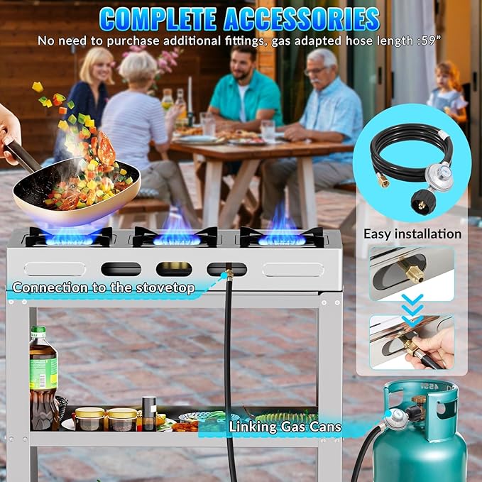 3 Burner Propane Gas Stove,40000BTU Portable Gas Stove with Support Leg Stand and Adapter Auto Ignition Camping Stove,propane burner for RV, Apartment, Outdoor Cooking