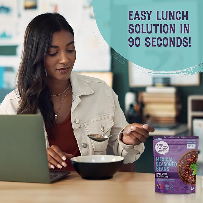 The Good Bean Heat and Eat Pouch - Variety Pack - (Pack of 4) 10 oz Pouch - Mexican Smoky Chipotle, Low-Carb Classic Chili, Mexicali Seasoned Beans, and Indian Coconut Curry