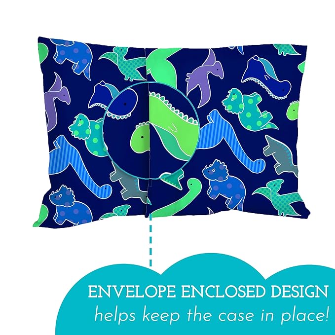 Little Sleepy Head Toddler Pillow with Pillowcase 13x18 - Kids Pillow for Sleeping - Better Neck Support Ergonomic Pillow and Toddler Pillowcase - Best Pillows for Kids (Dinosaurs Blue)