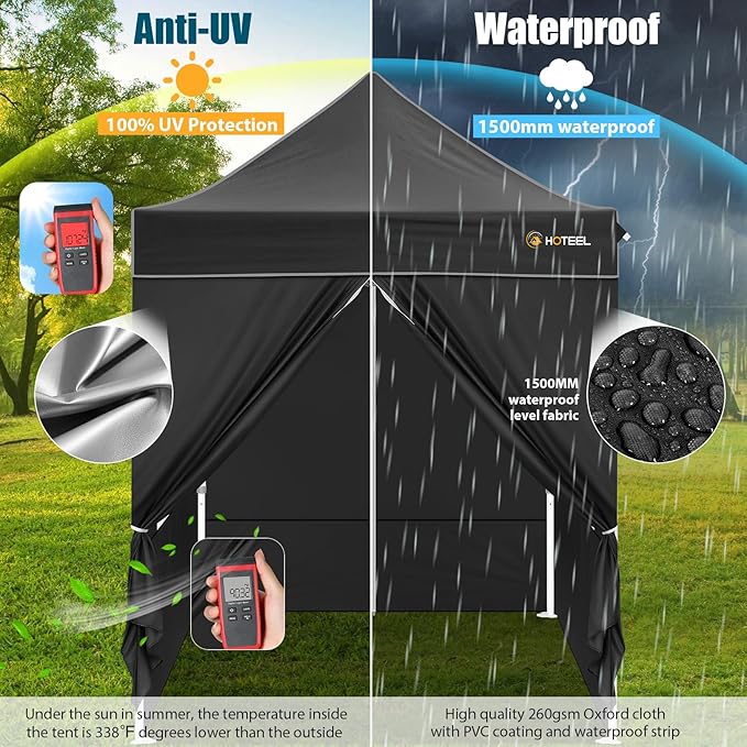 Hoteel 6.6 x 6.6 Pop up Canopy,Easy Up Heavy Duty Canopy with 4 Sidewalls,Upgrade Hexagonal Tube UPF50+ 1500mm Waterproof,Outdoor Canopy Tent with Carry Bag for Commercial Events,Beach,Camping,Black