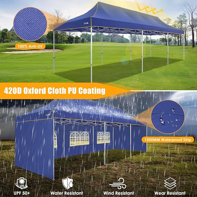 HOTEEL Tents for Parties 10x30 Heavy Duty Pop Up Canopy Tent with 5 Sidewalls&Wheeled Bag, Commercial Event Party Tent Wedding Instant Canopy Waterproof, UV 50+, Upgrade Thick Hexagonal Leg, Deep Blue