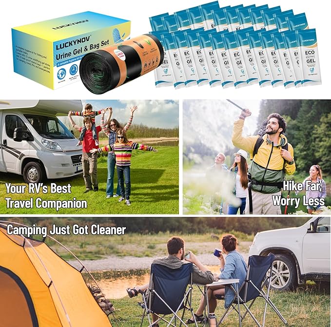 25 Portable Toilet Bags with 25 Poo Gels, 8 Gallon Leak-Proof Camping Toilet Waste Bags – Absorbent Gel Value Pack for Portable Potty, RV, Hiking, Travel, Outdoor Use