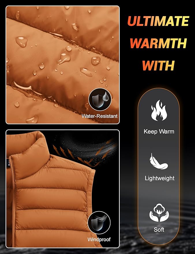 Cotrasen Men's Puffer Lightweight Vest Packable Outerwear Vest Warm Winter Outdoor Sleeveless Jacket for Travel Running