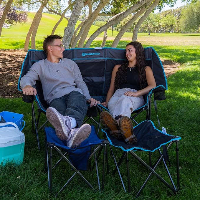 FUNDANGO Double Camping Chair with Cooler, 2 Person Folding Oversized Loveseat Camp Chairs for Adults Fully Padded Couch with Cup Holder for Outdoor Lawn Beach Patio Support 660 LBS Black/Blue