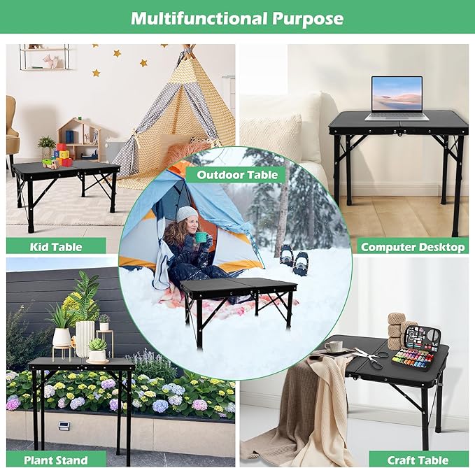 Folding Camping Table, Pure Black 2ft Picnic Table Metal Legs MDF Tabletop, Small Outdoor Table Adjustable Height, Lightweight, Portable Handle for Travel Cooking
