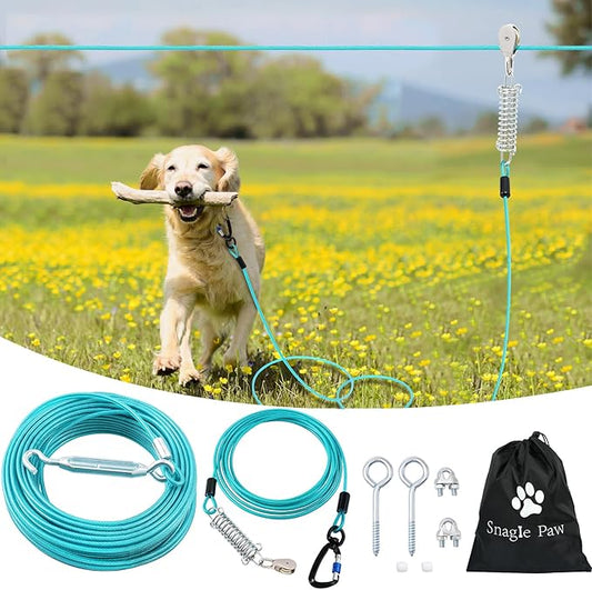 Snagle Paw Dog Runner for Yard,Heavy Duty Trolley System for Large Dogs,Dog Tie Out Run Cable,Dog Zip line 100ft with 10ft Pulley Runner Line for Dogs Up to 250lbs for Yard or Camping