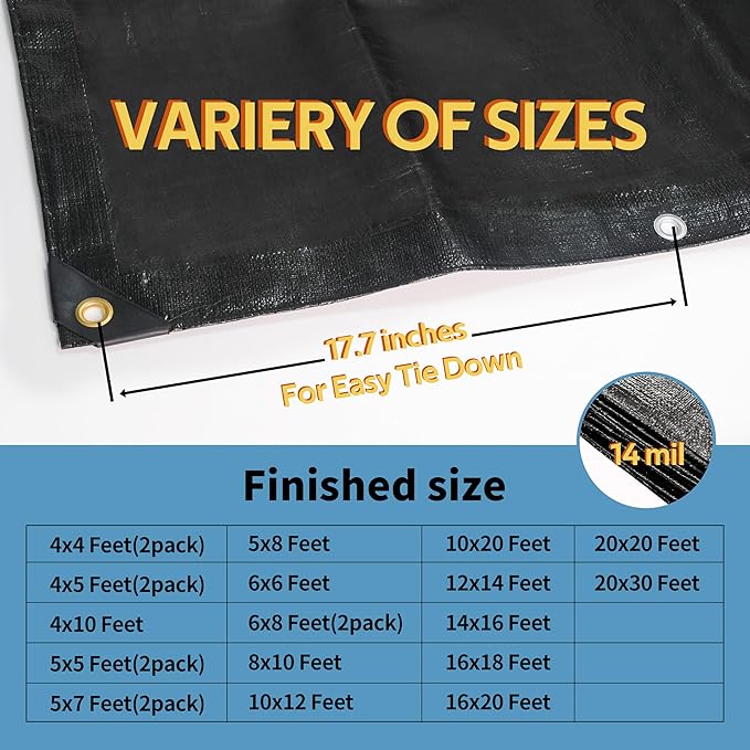 TARPAL 14x16ft tarp 14mil Black tarps Heavy Duty tarp Large Tarps，Water and UV Protection,for Outdoor Furniture Covers Waterproof,Awnings,Roofs,Tents,Pool Cover,Shade Cloth for Garden