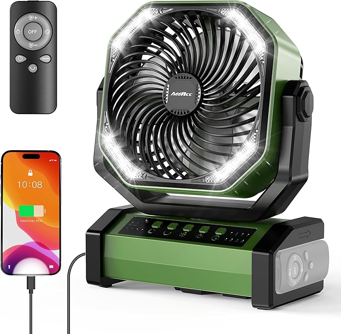 20000mAh Rechargeable Camping Fan - Battery Operated Fan with Light & Remote, Auto Oscillating, 4 Timer, 60 Hrs Work Cordless Tent Fan for Travel Outdoor RV Garage Power Outage Emergency