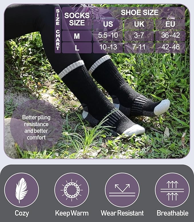 DYW Womens Merino Wool Hiking Socks Thermal Warm Winter Boot Crew Socks Cushion Work Walking Gift Socks 5 Pairs