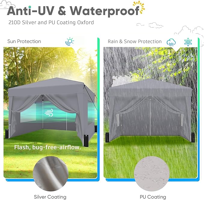 SANWAY 10x10 Pop Up Canopy Tent with Sidewalls x 4 – Easy Setup Canopy Tent, Waterproof, UV-Resistant, Portable with Carry Bag for Outdoor Events, Camping, and Backyard Parties – Grey