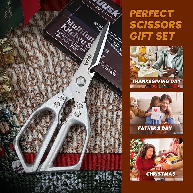 HUUSK Kitchen Scissors all Purpose - Stainless Steel Kitchen Shear, Sharp Silver Meat Scissors Dishwasher Safe, Heavy Duty Poultry Shears, Japanese Cooking Scissor for Food, Chicken Bones, and Turkey
