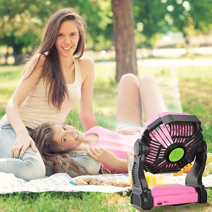 Battery Powered Fan Rechargeable,Cordless Camping Fan with Led Lights & 360°Hook, USB Battery Operated Fans for Women,4 Speeds Tent Portable for Traveling X23 Pink