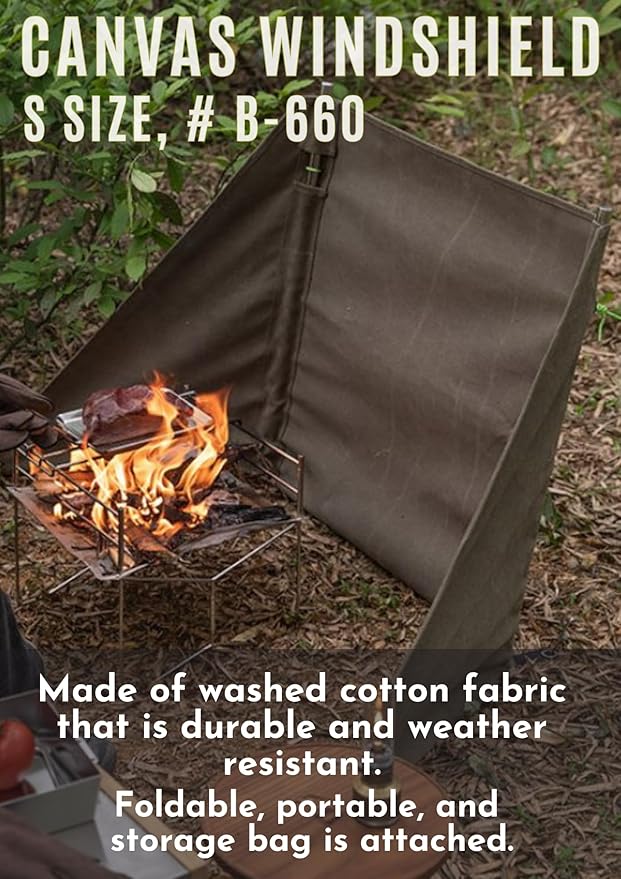CAMPINGMOON Windshield Camp Curtain Canvas Bonfire Reflector with Stainless Steel Pole Storage Case Khaki Color B-660