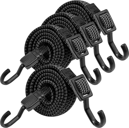 Bungee Cords with Hooks Heavy Duty, Flat Adjustable Bungee Cords with Hooks 80 Inch, Rubber Black Bungee Straps with Buckle Hooks for Outdoor, Camping, Tarps, Bike Rack, Tent, Truck, 4 Pack