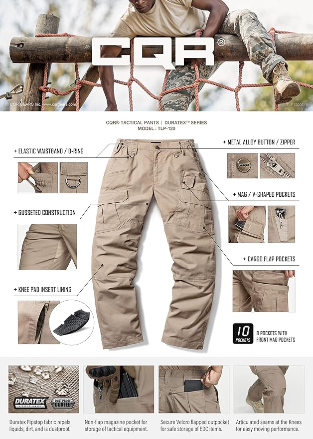 CQR Men's Tactical Pants, Water Resistant Ripstop Cargo Pants, Lightweight EDC Work Hiking Pants, Outdoor Apparel