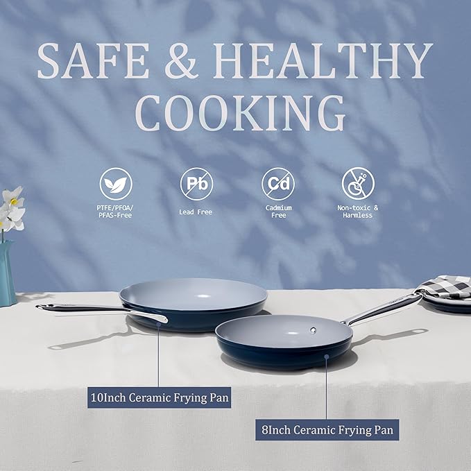 Nonstick Ceramic Frying Pan 8" for All Cooktops, PTFE/PFOA/PFAS Free, Even Heat Distribution Oven Safe up to 500°F, Healthy Non Toxic Skillet w/Ergonomic Stainless Steel Handle, Navy Blue