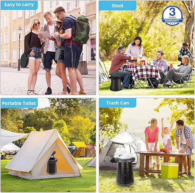 XXL 19.7"H Adjustable Foldable Portable Camping Toilet, Luggable Loo with Lid, Strap,Toilet Bag for Camping, Hiking, Travel and Car