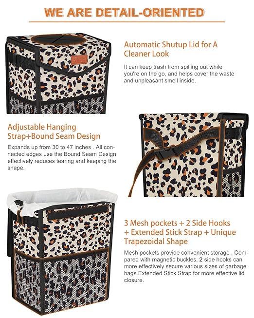 Car Trash Can with Lid, Cute Leakproof Car Trash Garbage Bag Hanging Vehicle Trash Bin Small Portable Automotive Garbage Cans Organizer for Back/Front Seat/Console(2.8 gal,Leopard