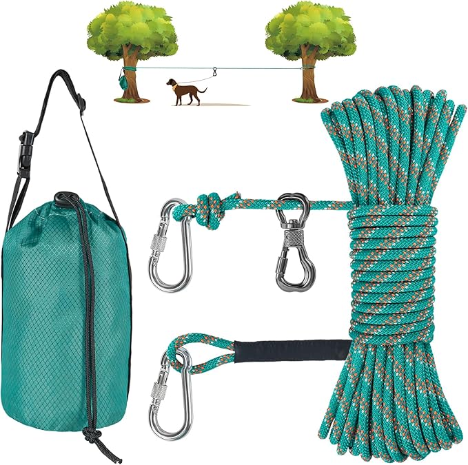 XiaZ Dog Tie Out Cable for Camping, 100ft Portable Overhead Trolley System for Dogs up to 200lbs，Dog Lead for Yard, Camping, Parks, Outdoor Events,5 min Set-up