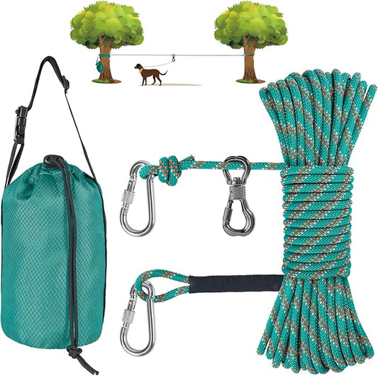 XiaZ Dog Tie Out Cable for Camping, 100ft Portable Overhead Trolley System for Dogs up to 200lbs，Dog Lead for Yard, Camping, Parks, Outdoor Events,5 min Set-up