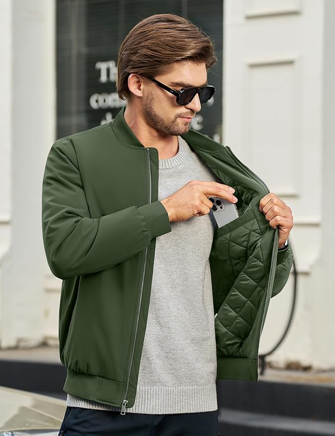 Cotrasen Mens Bomber Jacket Fall Winter Warm Windbreaker Casual Full Zip Padded Coats with Pockets