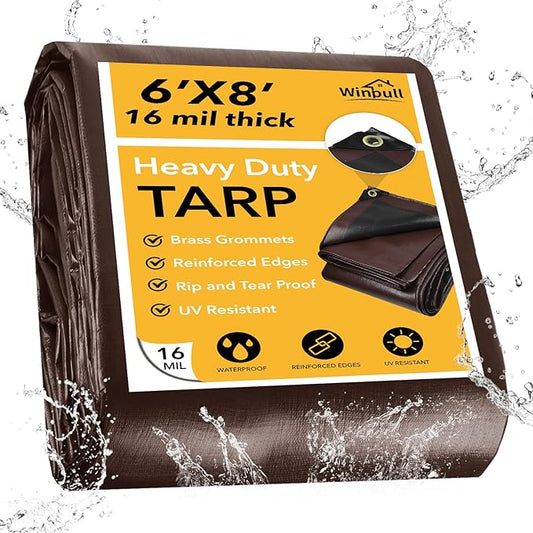 Tarp 6x8FT, 16 Mil Heavy Duty Large Tarps, Waterproof Tarp with Brass Grommets and Reinforced Edges, UV Resistant, Tear&Fade Resistant Poly Tarp for Outdoor Camping Pool Car Tent