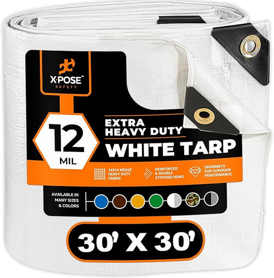 Heavy Duty White Poly Tarp 30' X 30' - Multipurpose Protective Cover - Durable, Waterproof, Weather Proof, Rip and Tear Resistant - Extra Thick 12 Mil Polyethylene - by Xpose Safety
