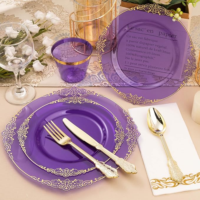 700PCS Clear Purple Plastic Plates for 100 Guests, Disposable Plate with Gold Trim include 100 Dinner plates, 100 Dessert Plates, 100 Gold Silverware, Cups and Napkins for Party, Graduation