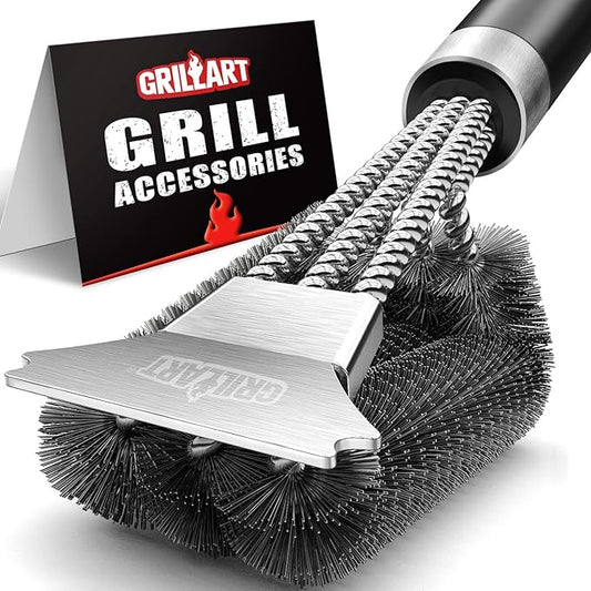 GRILLART Grill Brush and Scraper with Deluxe Handle, Safe Wire Grill Brush BBQ Cleaning Brush Grill Grate Cleaner for Gas Infrared Charcoal Porcelain Grills, BR-8529
