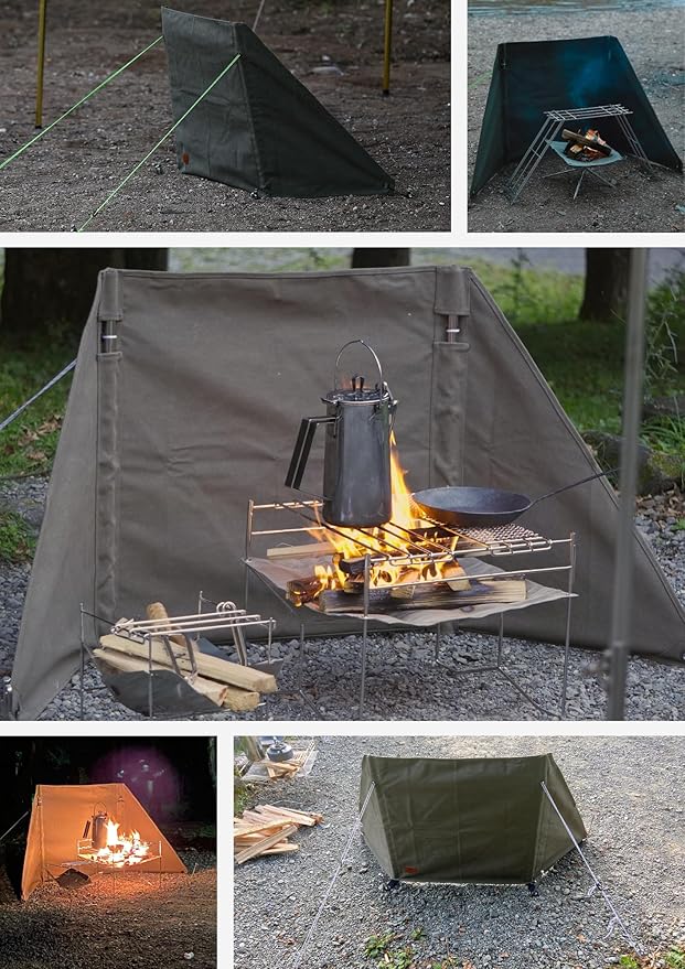 CAMPINGMOON Windshield Camp Curtain Canvas Bonfire Reflector with Stainless Steel Pole Storage Case Khaki Color B-660