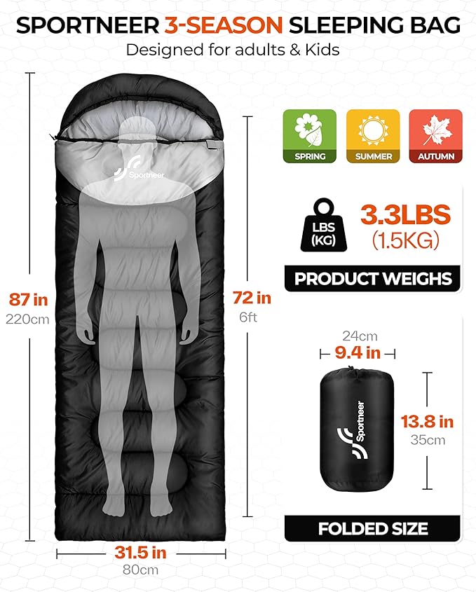 Sportneer Sleeping Bags for Adults, Warm & Cold Weather Sleeping Bag for Adults Kids Boys Girls - Lightweight Compact Camping Gear Equipment, Traveling, Backpacking, Hiking