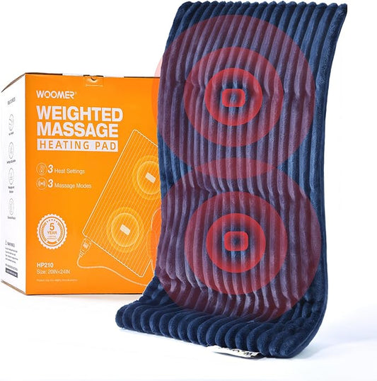 WOOMER Weighted Massage Electric Heating Pad for Back Pain, Neck and Shoulders Cramps Relief, 12’’x24’’, 3.7lb BPA-Free and Non-Toxic Beads, 4 Heat Settings, 4 Massage Modes, 2h Auto-Off