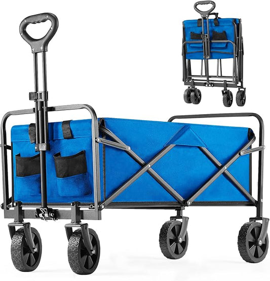 Collapsible Wagon Cart, 400lbs Heavy Duty Foldable Wagon with All-Terrain Wheels and Drink Holders, for Beach Camping Shopping Garden, Blue