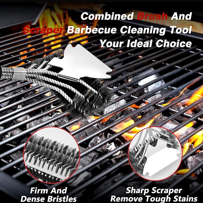 Professional Grill Brush and Scraper Kit - Heavy Duty BBQ Grill Brush with Stainless Steel Scrubber, Outdoor Grill Cleaning Brush Tools for Home, Restaurant & Commercial Use