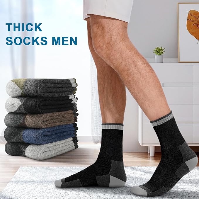 UUMIAER Merino Wool Socks for Men Hiking Thermal Warm Winter Crew Socks Thick Cushion Moisture Wicking Socks 5 Pairs