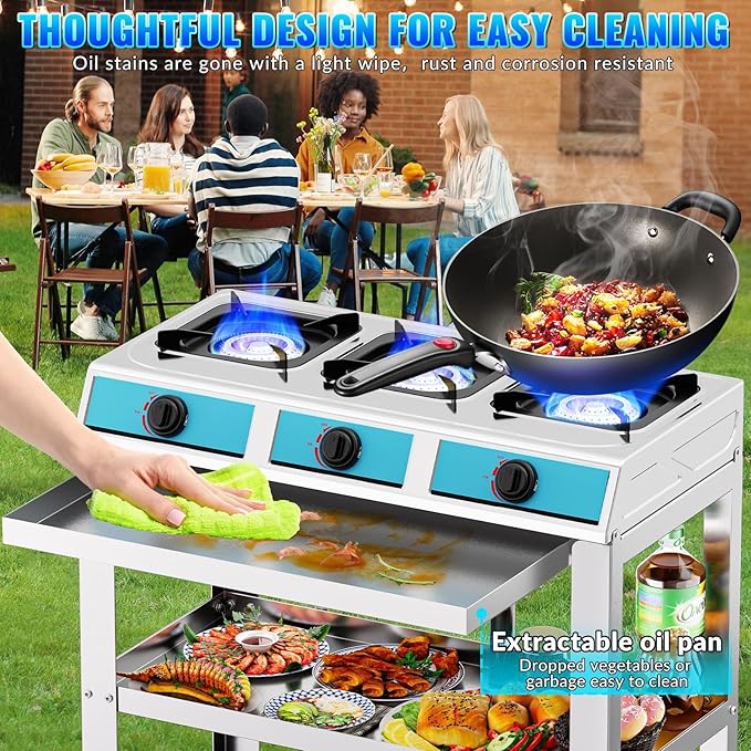 3 Burner Propane Gas Stove,40000BTU Portable Gas Stove with Support Leg Stand and Adapter Auto Ignition Camping Stove,propane burner for RV, Apartment, Outdoor Cooking
