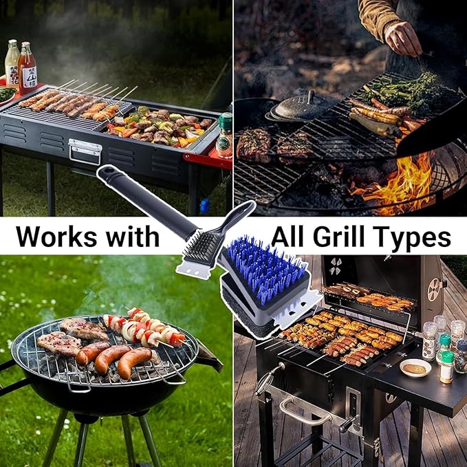 Nylon Grill Brush No Wire Bristle Barbecue Brush Grill Cleaning Kit Safe Grill Scraper Brush for Outdoor Grill Cleaner with Hole BBQ Brush Accessories Clean Cool Grates Gift for Men/Dad 3 PCS