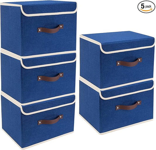 TYEERS Foldable Storage Boxes with Lids 5 Pack Fabric Storage Bins with Lids, Closet Organizers for Clothes Storage, Room Organization, Office Storage, Toys - Classic Blue