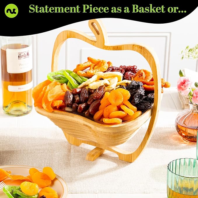 NUT CRAVINGS - Diwali Sweets Hamper Rosh Hashana & Shana Tova Dried Fruit Flower Arrangement in Wooden Apple-Shaped Gift Basket + Tray (9 Assortment) Healthy Snack Care Package, Food Assortments